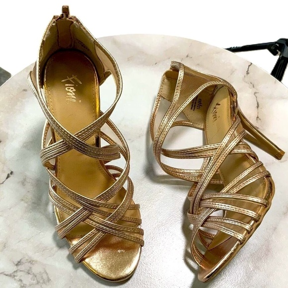 Fioni Gold Strappy Stiletto Open-Toe Heels Mesh Sides Womens Size 8 3.5 Inch - Picture 1 of 10